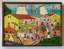 Vintage Bahia Brazil Market Nautical Seascape Portrait Naive Folk Boat Painting