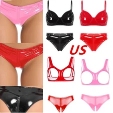 US Women's PVC Leather Lingerie Set Wire-free No Pad Bra Top with Zipper Briefs