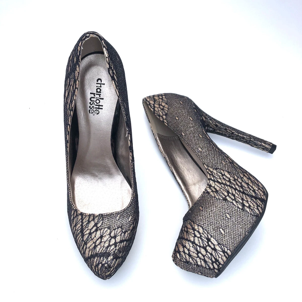 Charlotte Russe Womens US 7 Platform High Heels Gold Glitter Black Lace Overlay