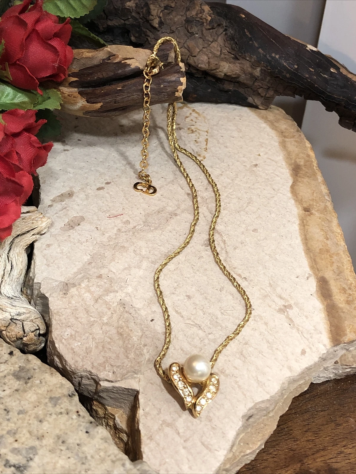 Rara Collana Ciondolo Catena Corda Finta Perla Strass Christian Dior Oro