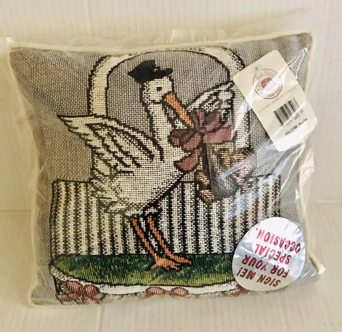 Vintage Tapestry Baby Shower Keepsake Sign Me Accent Pillow New Old Stock