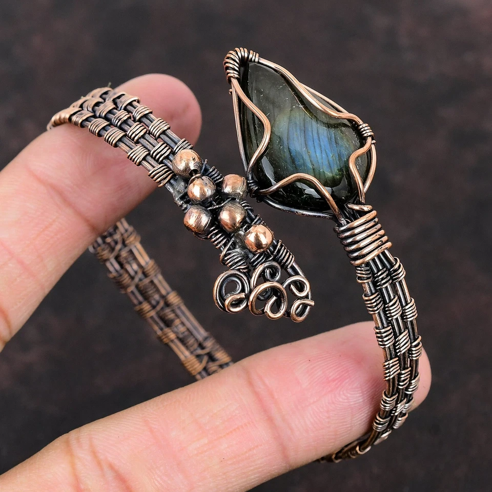 Bracelete ajustável envolto em fio de labradorita feito à mão cobre étnico presente joias - Imagem 4 de 4