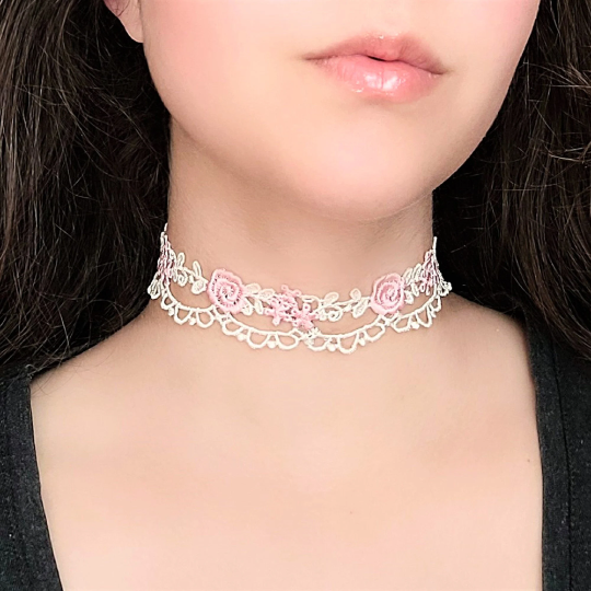 White Lace Choker Dainty Floral Pink Rose Necklace Whimsical
