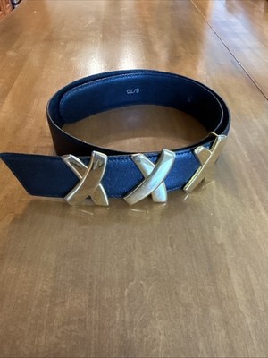 VTG Paloma Picasso Black Leather Belt Triple Kiss Gold Tone Buckle S/70 Italy
