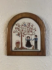 VTG 1980s Amish Coupke Cross Stitch Apple Tree Cat Blue Birds Country Home 10.25