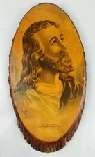 Vintage 1942 SP Co Decoupage Picture Jesus on Wood Plaque W/Bark Wall Hang Retro