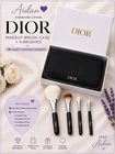 Dior Black Makeup Brush Case & 4-Piece Brush Set Travel Organizer Cosmetic Bag
