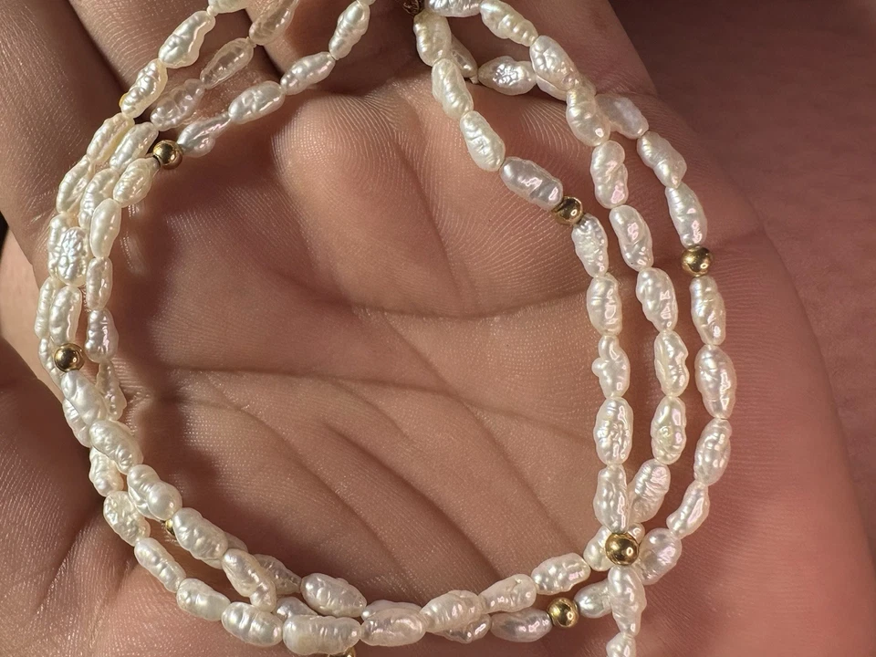 Pulsera vintage de oro amarillo de 14k perlas de arroz de agua dulce 3 hilos 7 1/2 7,2G IPS Foto 2 de 4