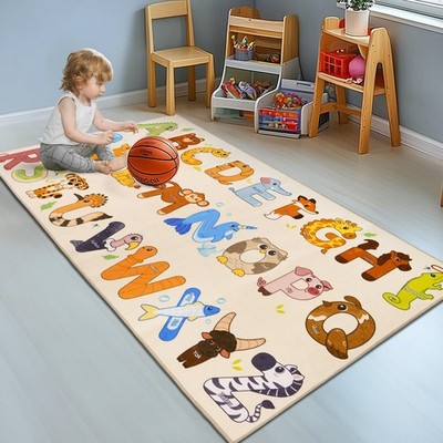GthreeD Kinderteppiche für Spielzimmer 80 x 150 cm (rechteckig), Alphabet + Tiere 