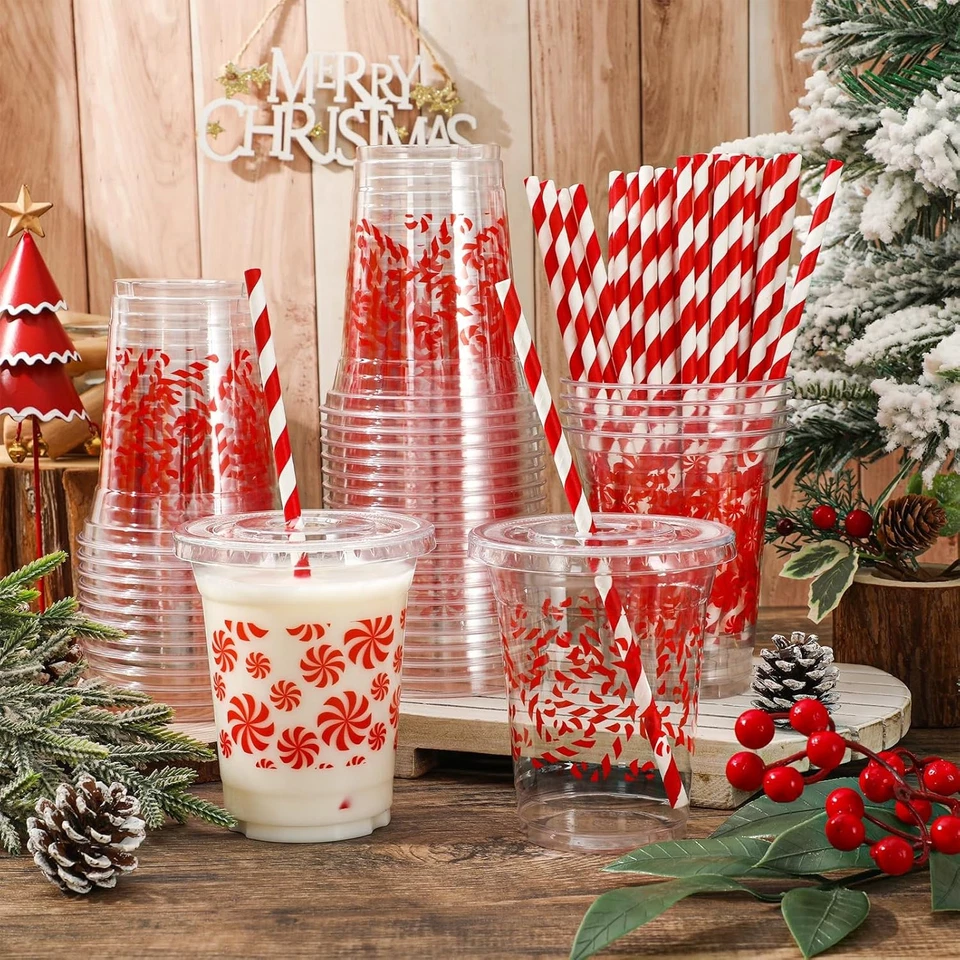 50 Piezas Tazas de Plástico Desechables de Navidad con Tapas y Pajitas 12 OZ Caramelo Rojo Ca Foto 4 de 4