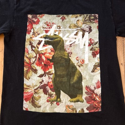 Stussy T-Rex Floral Graphic Dino T-shirt Size Small Black Y2K