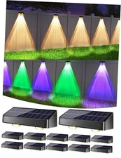  Solar Fence Lights Outdoor - 12 Pack RGB + Warm & Cool White Solar 12 Packs