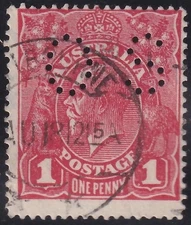 AUST KGV 1d RED SWMk "DIE 2". OFFICIAL PERF 'OS'. DATED. USED. (M761)