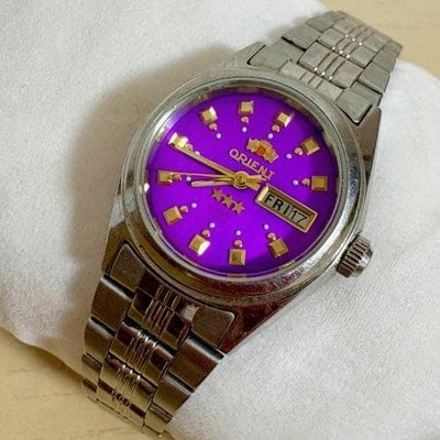 ORIENT THREE STAR Crystal Automatic Watch Purple Dial Day Date Timepiece
