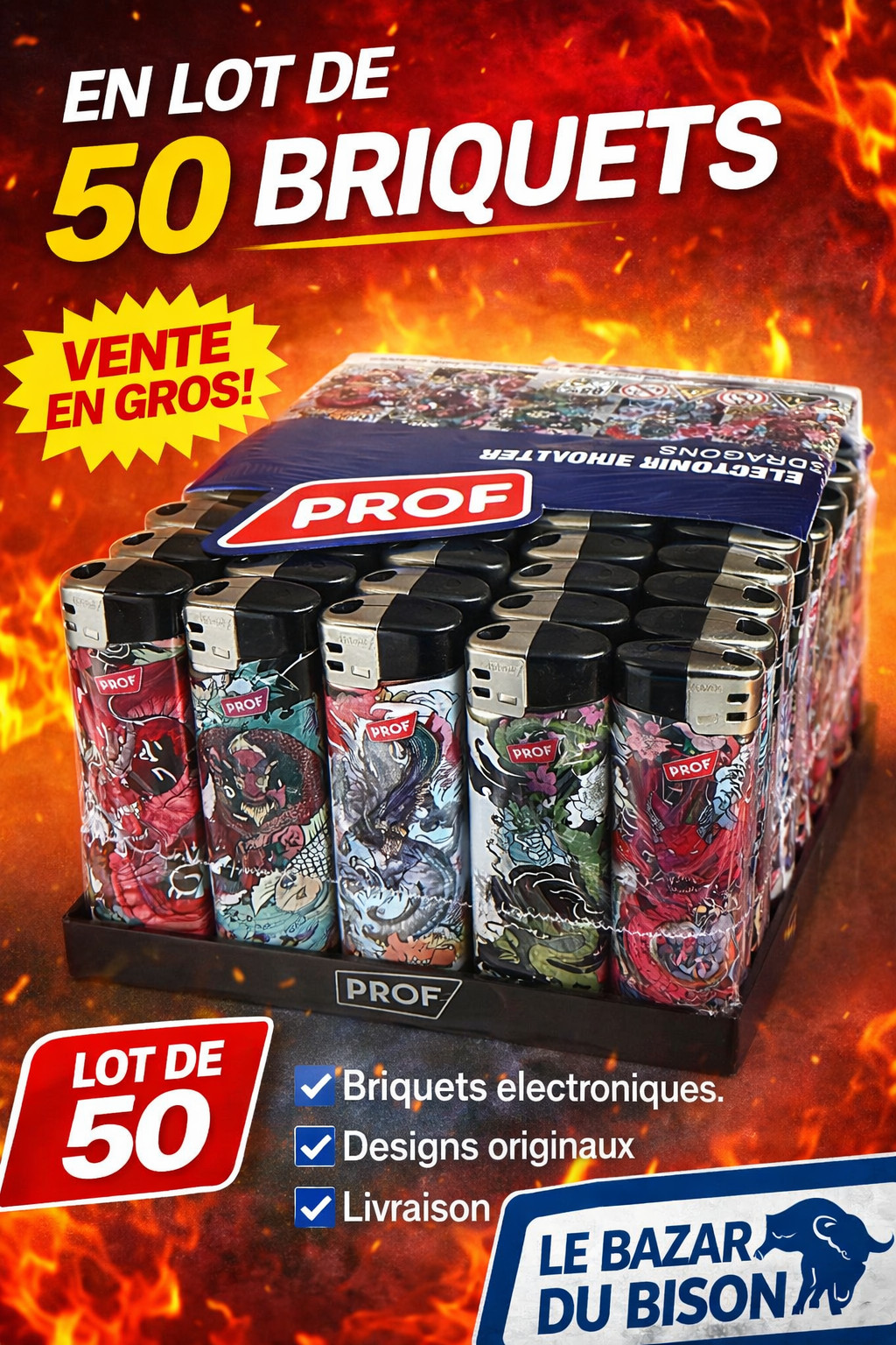 Briquet électronique PROF lot de 50 au design imprimé et flamme réglable