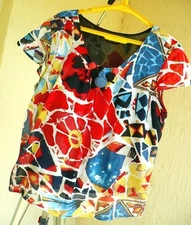 RQT BLOUSE P L COTTON BRIGHT RED BLUE GEOMETRIC BABY DOLL MOD ABSTRACT ART WOMEN
