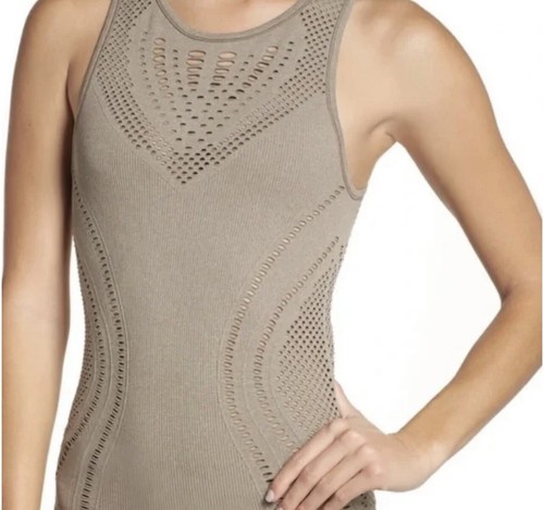 Alo Yoga Lark Tank Slash & Burn Seamless Laser Cut Mesh in Heather Tan Small - Picture 10 of 10