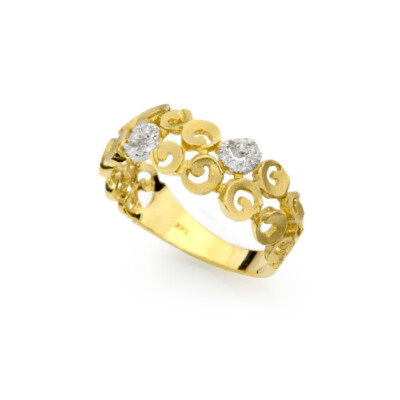 14k Solid Yellow Gold Artisan Designer Spiral Design Wedding Ring With Diamonds
