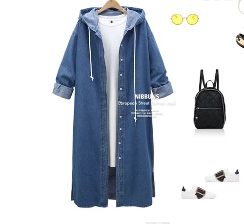 Giacca denim manica lunga con cappuccio monopetto trench lungo - Foto 8 di 12