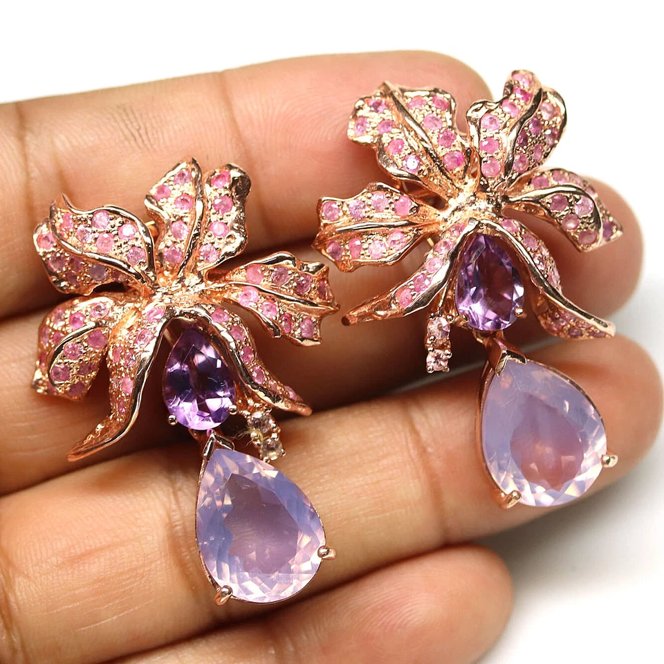 925 Silver 12 x 16 mm. Lavender Quartz, Amethyst & Sapphire Earrings Christmas - Image 2 of 4