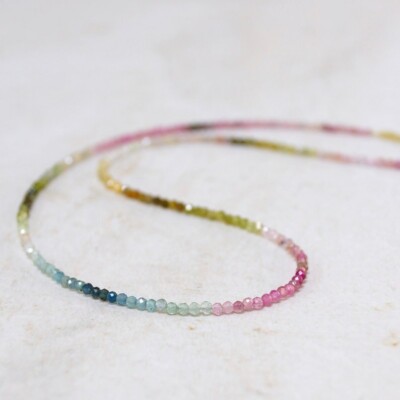 Watermelon Tourmaline Faceted Round Gemstone Beads Minimalist Women Necklace 18''
