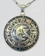 Sterling 36.8G Taxco Astrology Zodiac Pendant 2 1/4” 23in Chain Free Ship#7096