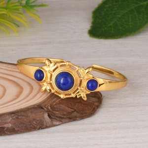Authentic Bamboo Design Spider Net Natural Lapis Lazuli Gold Plated Women Cuff Bangle