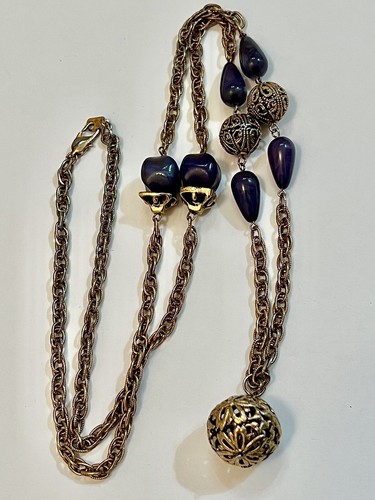 Vintage Gold Filigree Metal Purple Bead Ball Pendant Necklace 37” 1.9oz Korea - Picture 3 of 24