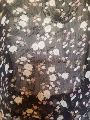 Express Top Medium Black Sheer Floral Blouse ShSlvs Elastic Waist Ruffle EUC - Picture 11 of 13
