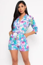 Purple and Blue Tie Dye Romper Size Small Pockets Belted Pockets