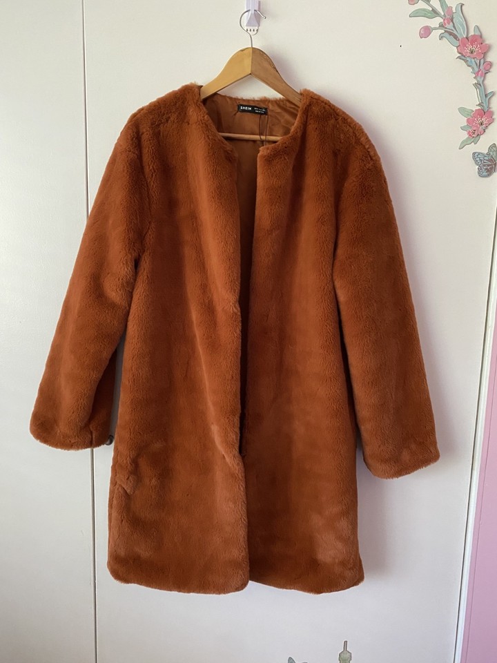 SHEIN Brown Faux Fur Open Front Mid-Length Lined Overcoat Coat Size S