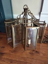 Vtg Mid Century Beveled Glass/Brass Hexagonal Ceiling Light Pendant Chandelier