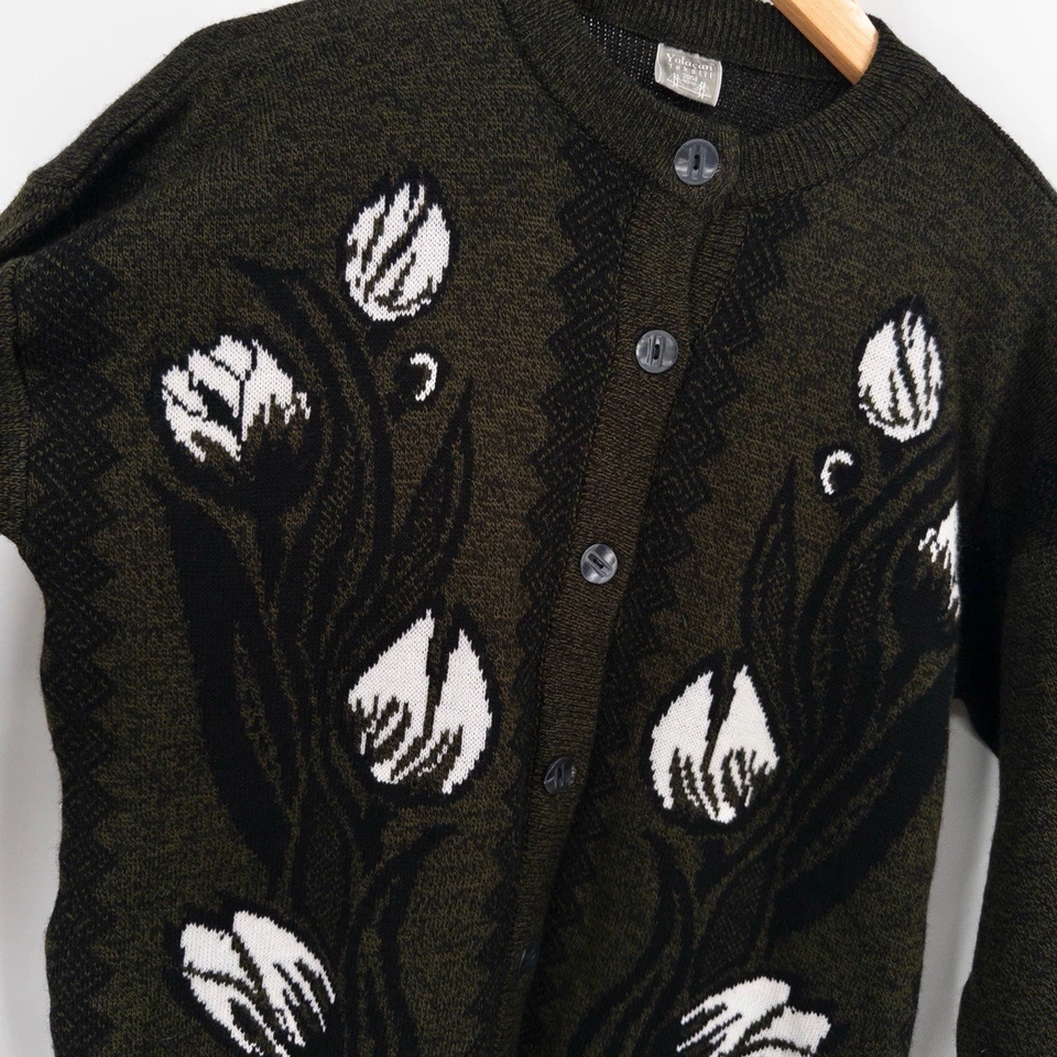 Y2K Turkish Cardigan Womens S Olive Green Floral Tulip Knit Cozy Cottage Retro - Image 3 of 4