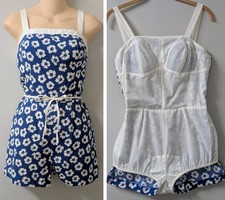 Vintage Sea Waves Floral Blue White Playsuit Romper Smocked Soft Bra S/M