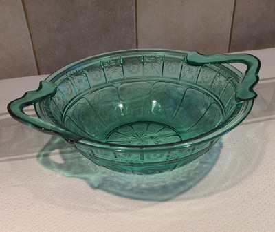 Jeanette Glass Doric & Pansy Pattern Handled Bowl Ultramarine/Teal