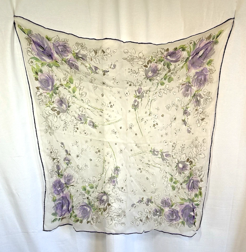 Vintage Scarf Purple Roses w/ White & Gold leaves 30x30 Sheer Cottage core - Image 3 of 4