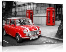 London Classic Mini Red Phonebox Black White Canvas Wall Art Picture Print