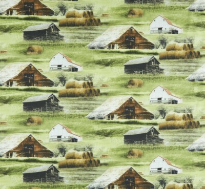 Greener Pastures Brown Old Barn Farmyard Cotton Quilt Fabric by the Yard