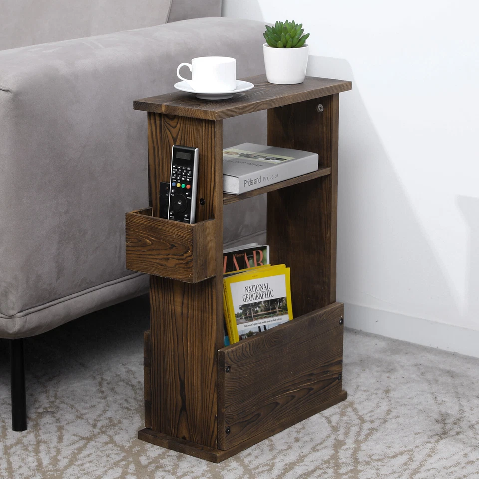 Rustic Burnt Wood End Table w/ Magazine Holder, Shelf & Remote Control Holder - Image 3 of 4