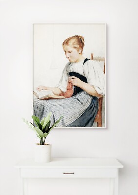 Albert Anker: Strickmädchen liest. Fine Art Giclée Museum Luxus Geschenk Druck