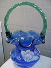 FENTON - W. LENLEY (HP) COBALT BLUE FLORAL BASKET WITH GREEN CREST AND HANDLE