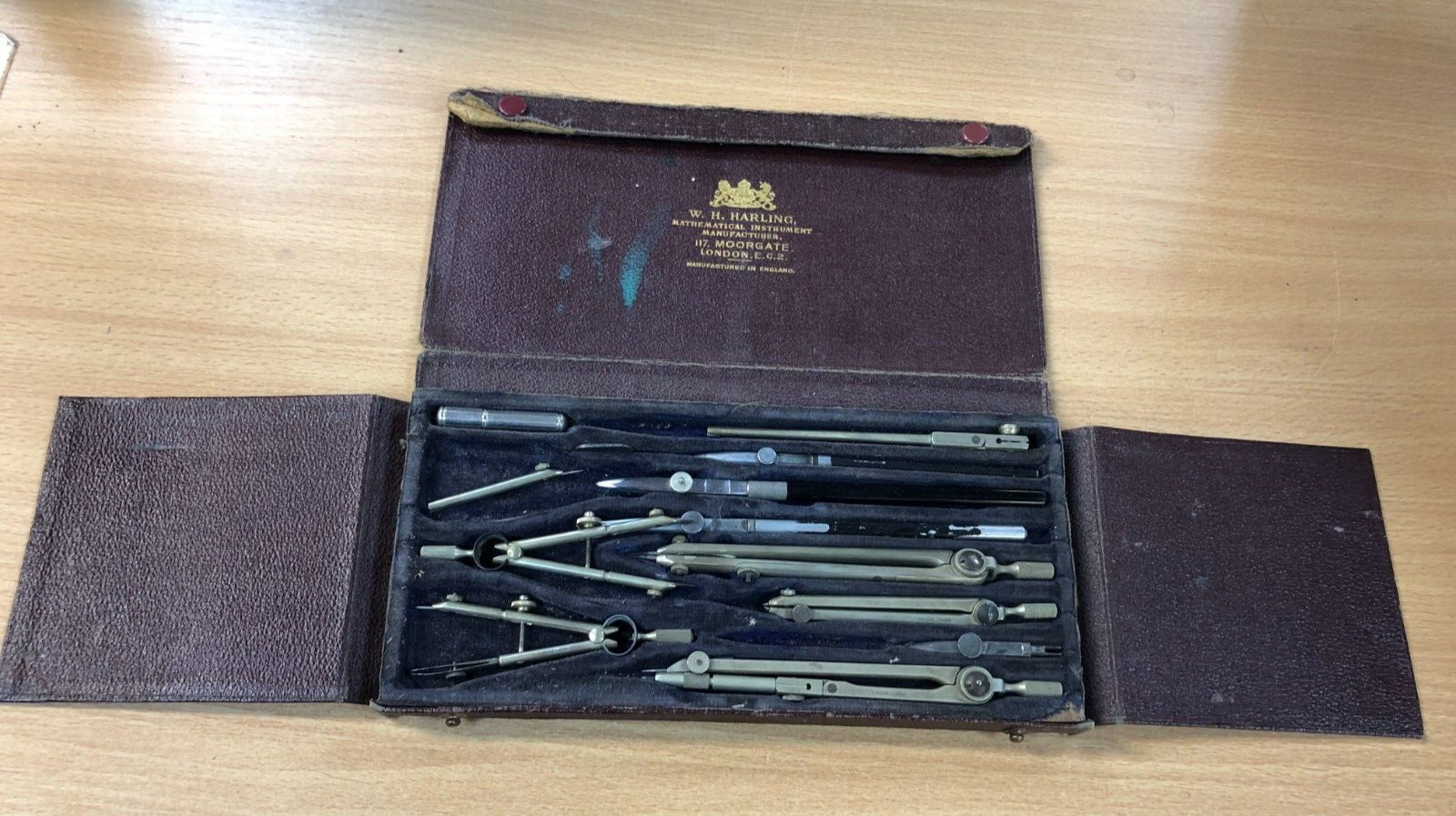 Antique Drafting Mathematical Instruments set made by W. H. Harling London