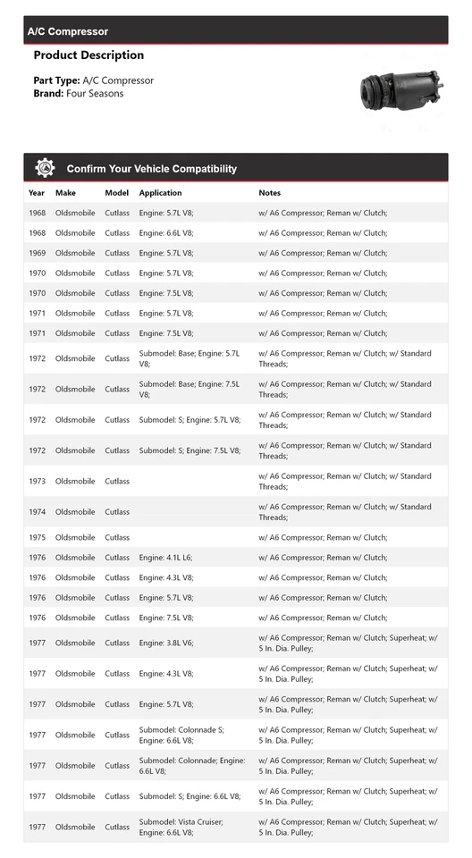 For 1968-1977 Oldsmobile Cutlass A/C Compressor 4 Seasons 1969 1970 1971 1972 - Image 2 of 4