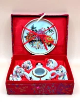 Vintage Mid Century Famille Rose Chinese Tea Set 9 Pieces With stamps on Bottom 