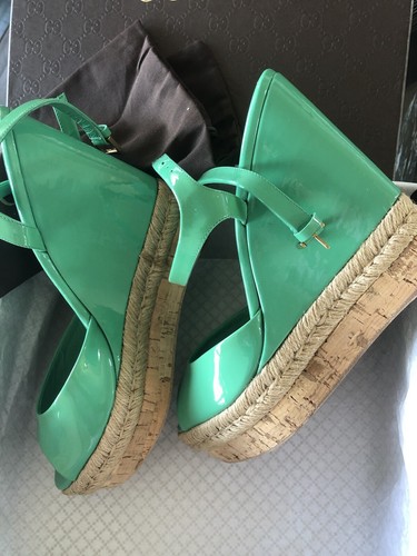 GUCCI GREEN Patent Leather Espadrille Cork Wedge Sandals Size 8.5 - Picture 8 of 10