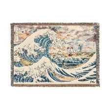 Great Wave Off of Nubble Lighthouse Watercolor Woven Blanket -York Maine Hokusai