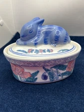 Vintage trinket bowl Signed Ben Rickert Porcelain Rabbit Nest blue chinoiserie