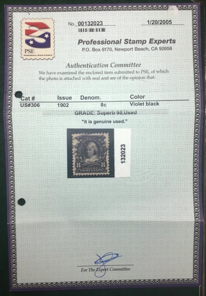 US #306 8c Martha Washington Violet Black Superb Used Gem PSE Graded 98 (1902) - Image 3 of 4