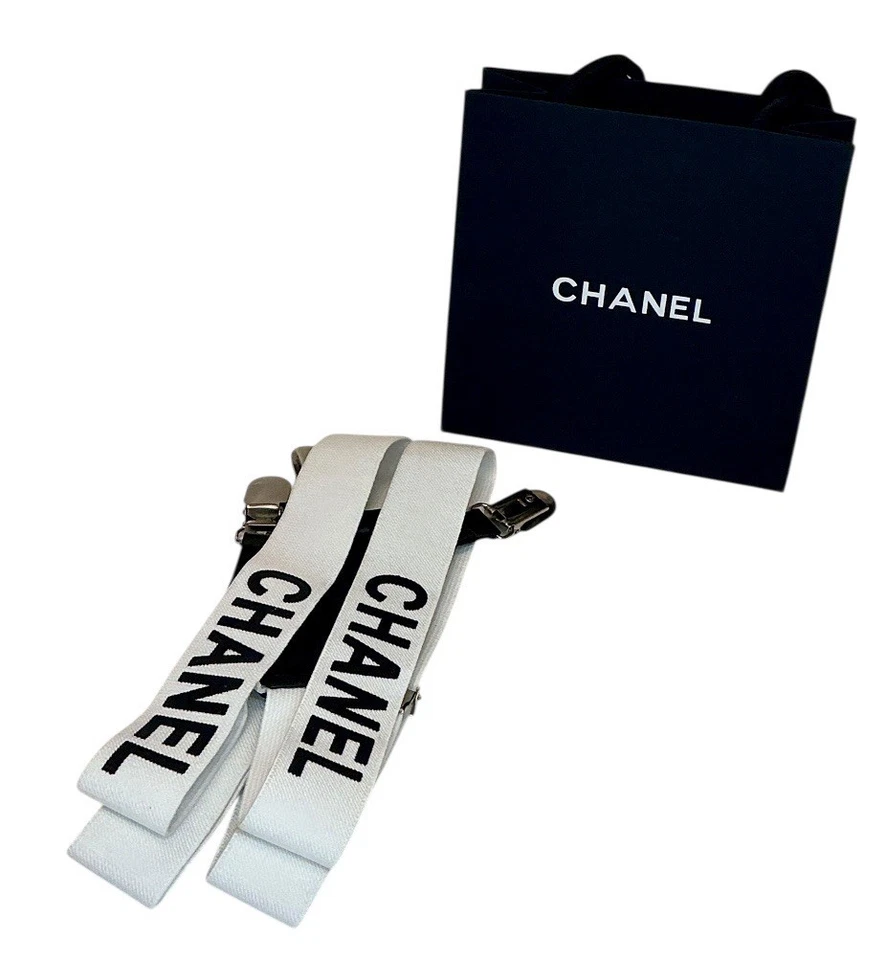 CHANEL White Logo Suspenders with Black Leather Accents - Luxury Accessory - Image 3 of 4