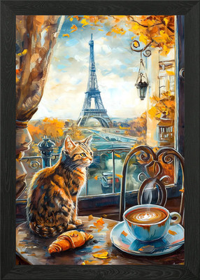Cat in Paris with Eiffel Tower Framed Wall Art Poster Canvas Print Picture